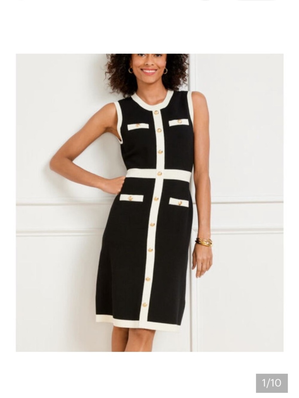 Sleeveless Black and Cream Sweater Dress with Gold Buttons